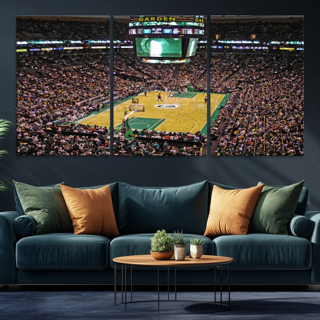 A vibrant depiction of a TD Garden basketball game is beautifully captured in the Boston Celtics Triple Canvas Wall Art, which comes framed and ready to hang.