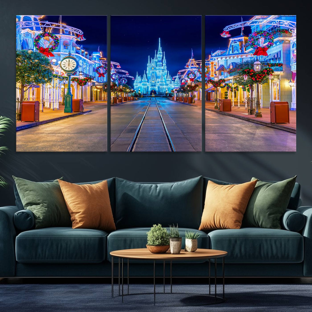 Disney wall art featuring a fantasy castle street at night.