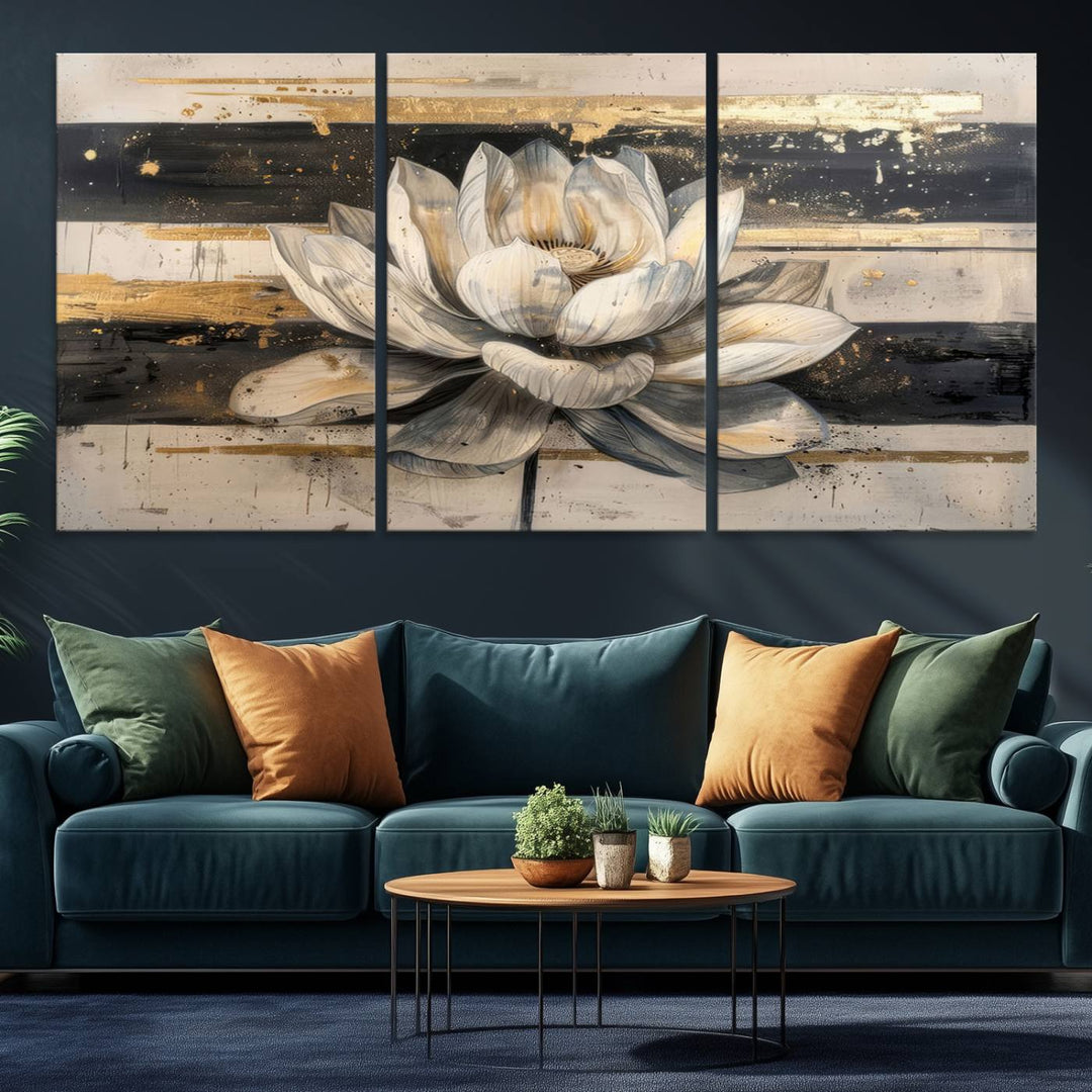 The wall is adorned with an Abstract Lotus Flower Wall Art Canvas Print.