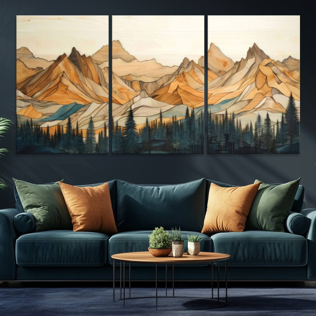 A triptych giclee print of mountains decorates the wall above the counter.