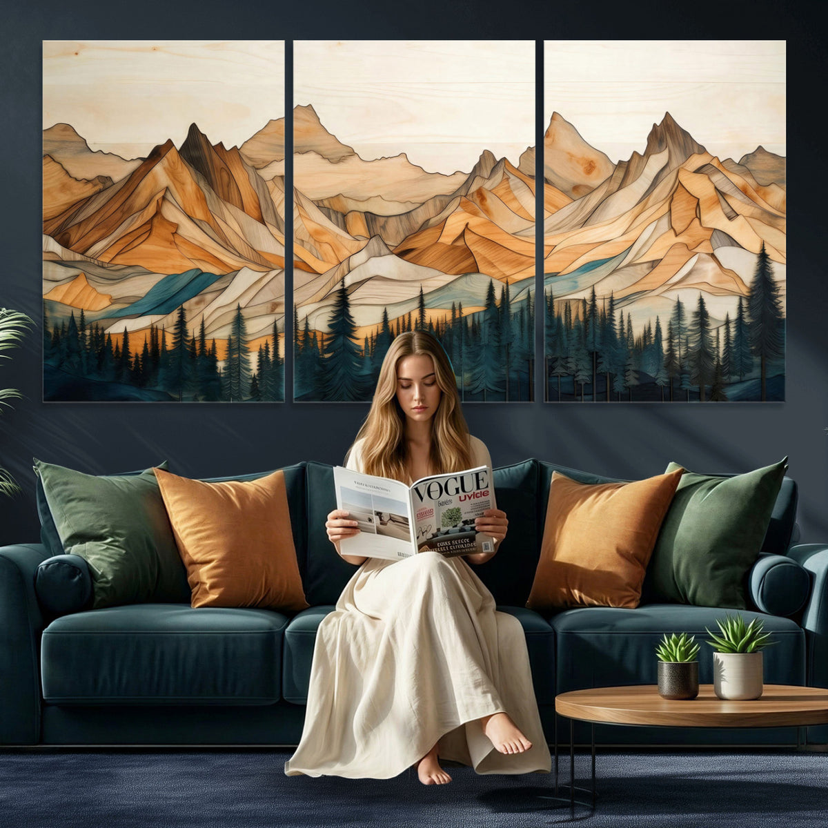 31576-PAN-FL-20X10 - Rustic Wood Mountain Wall Art Print | Triptych Giclee Print Featuring Handcrafted Forest and