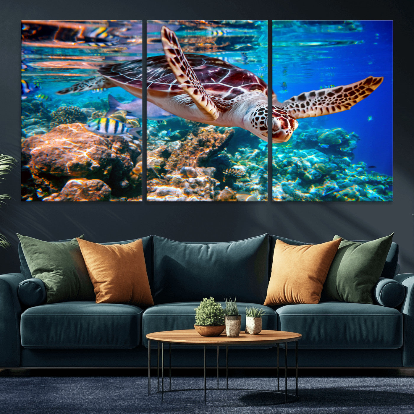 MGV-CV-60X30-3P - Underwater Coral Reef Sea Turtle Wall Art Canvas Print, Vibrant Marine Life | Colorful Ocean Scene