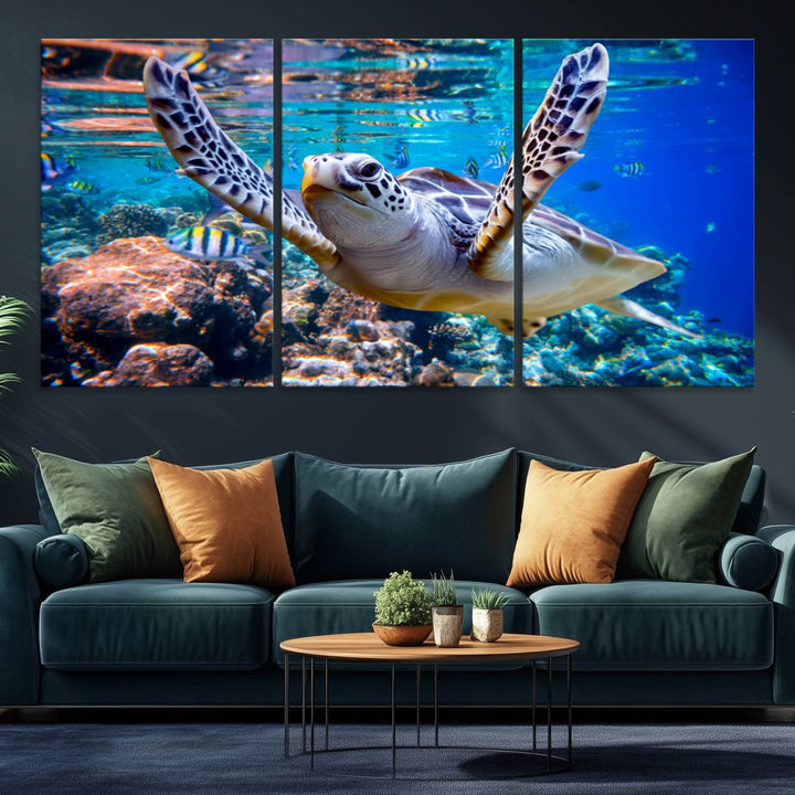 The Underwater Sea Turtle Wall Art Canvas Print serves as vibrant ocean décor, enhancing the kitchen with its stunning depiction.