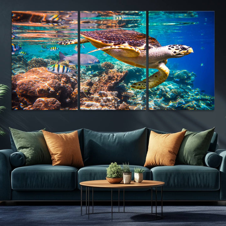 A Sea Turtle Wall Art Canvas Print features a colorful turtle swimming among coral. This artwork is ready to hang.