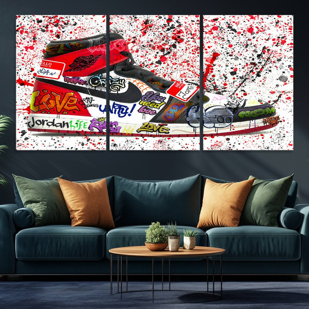 A Jordan Shoes Graffiti Canvas Print hangs prominently, perfect for sneakerheads and urban art lovers.