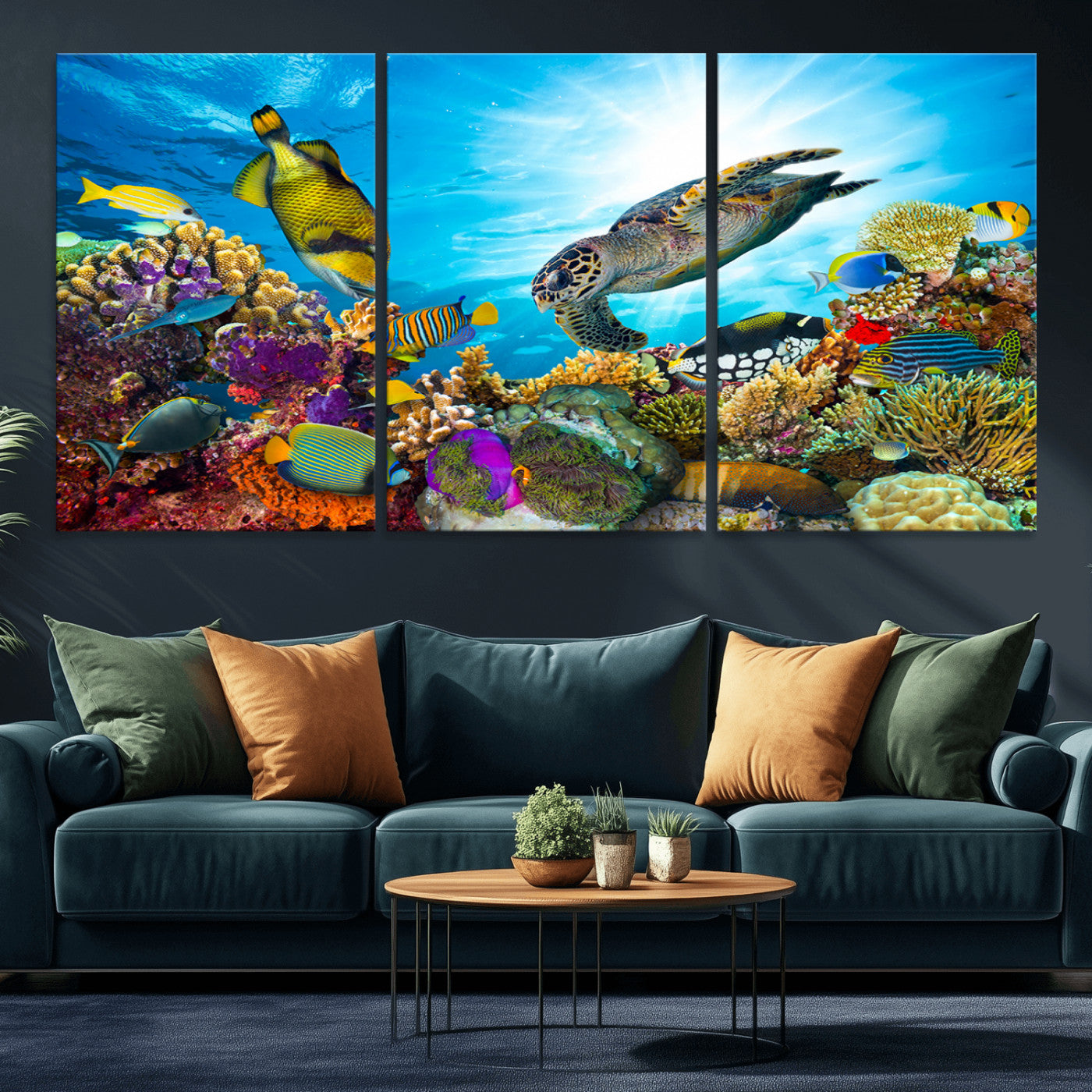 -Colorful Coral Reef and Sea Life Turtle Canvas Print, Underwater Tropical Ocean Wall Art for Home