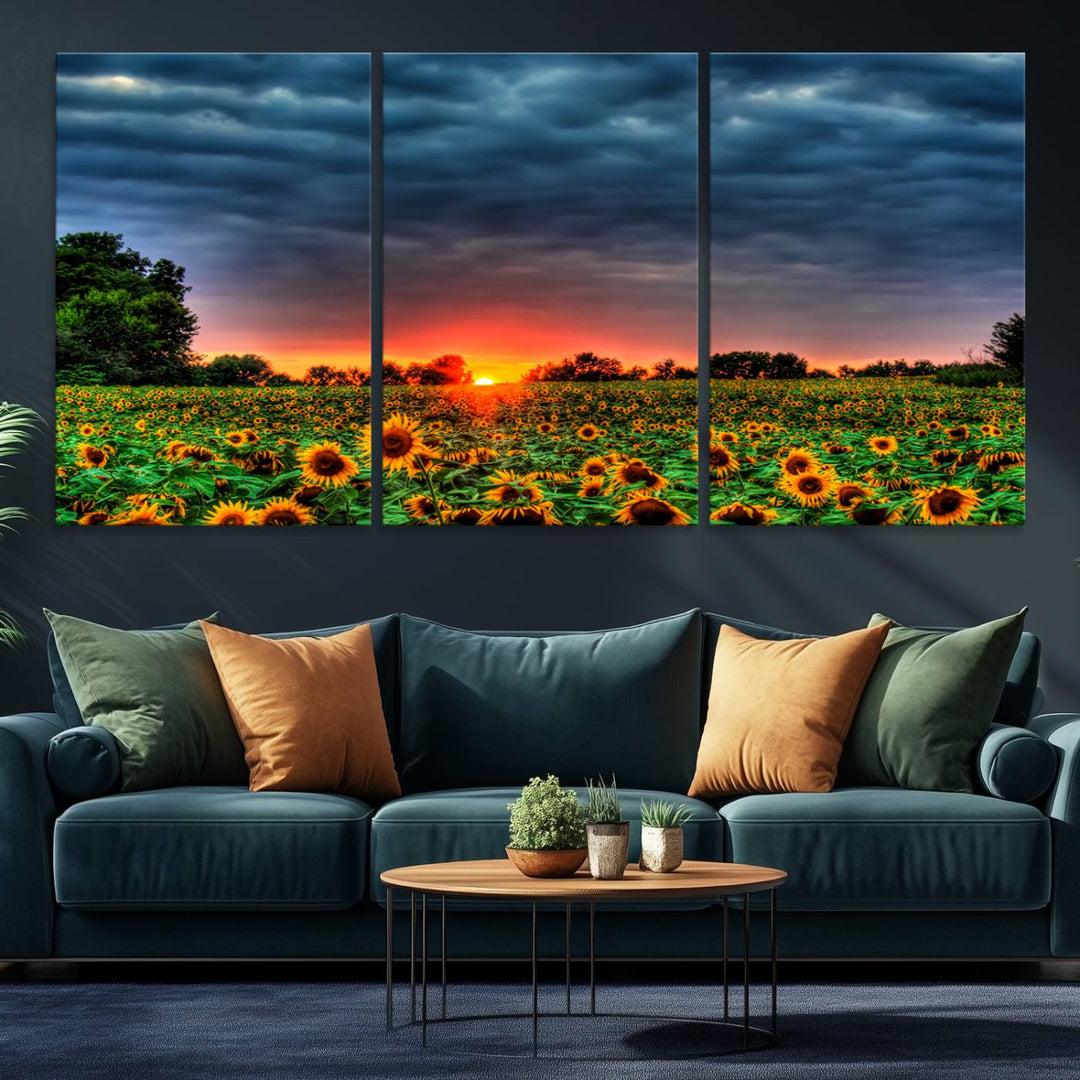 A Golden Sunflower Field at Sunset ready-to-hang wall art canvas print.