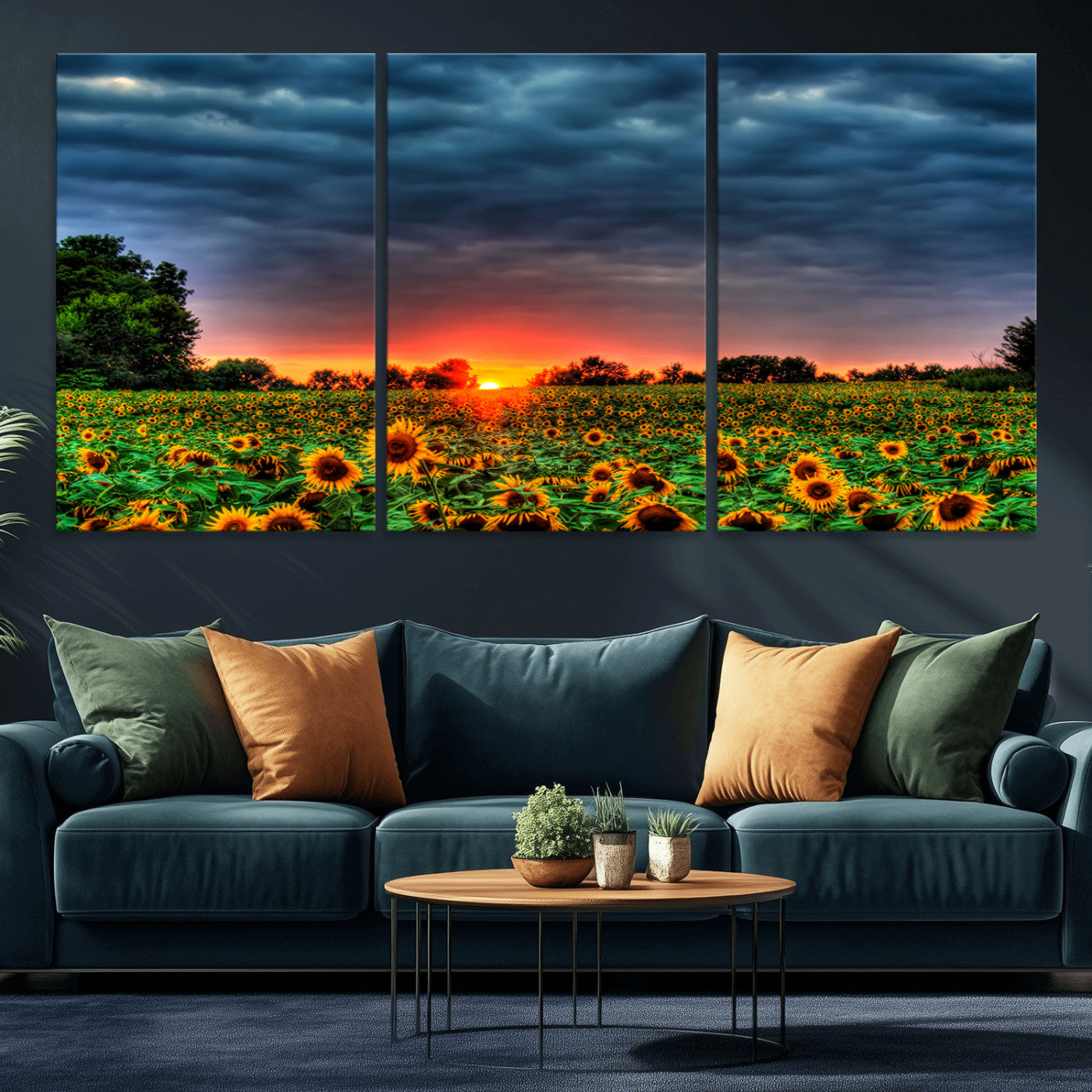 MGV-CV-60X30-3P - Golden Sunflower Field at Sunset – Breathtaking Sky and Vibrant Flowers, Ready to Hang Wall Art