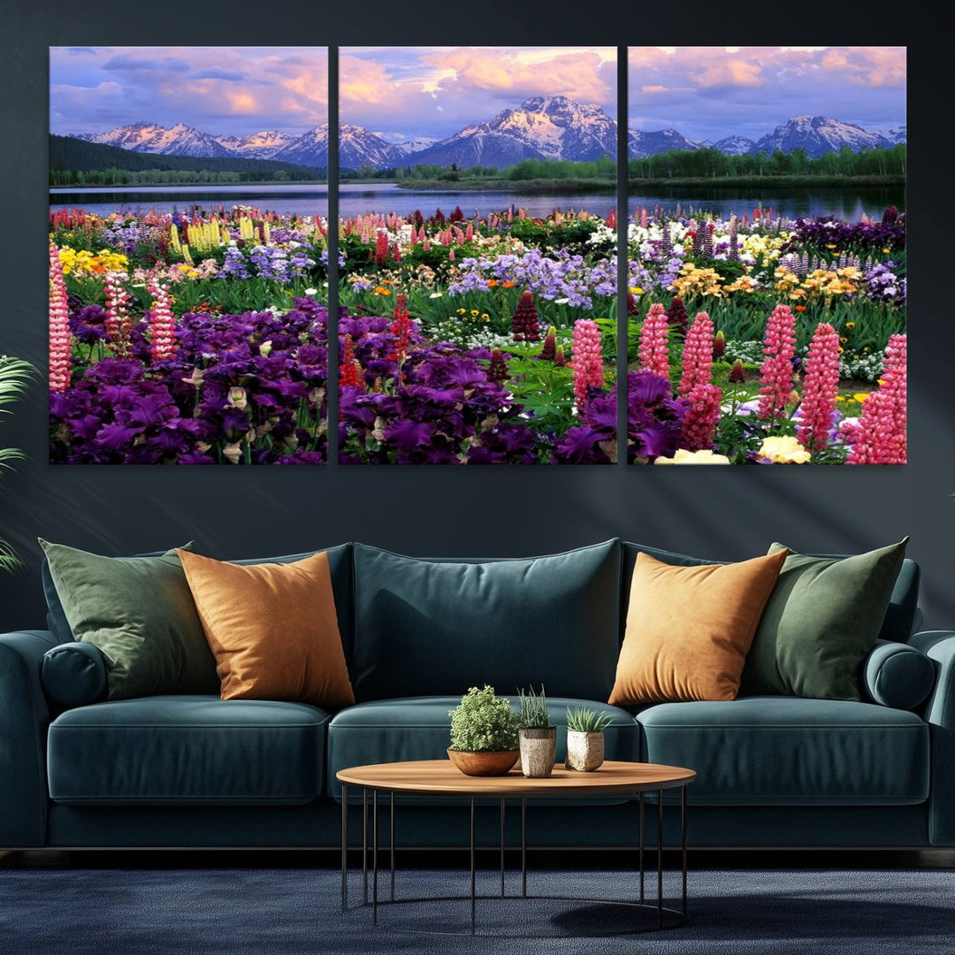 A Vibrant Wildflower Garden and Mountain View Giclee Print is displayed prominently on the wall.