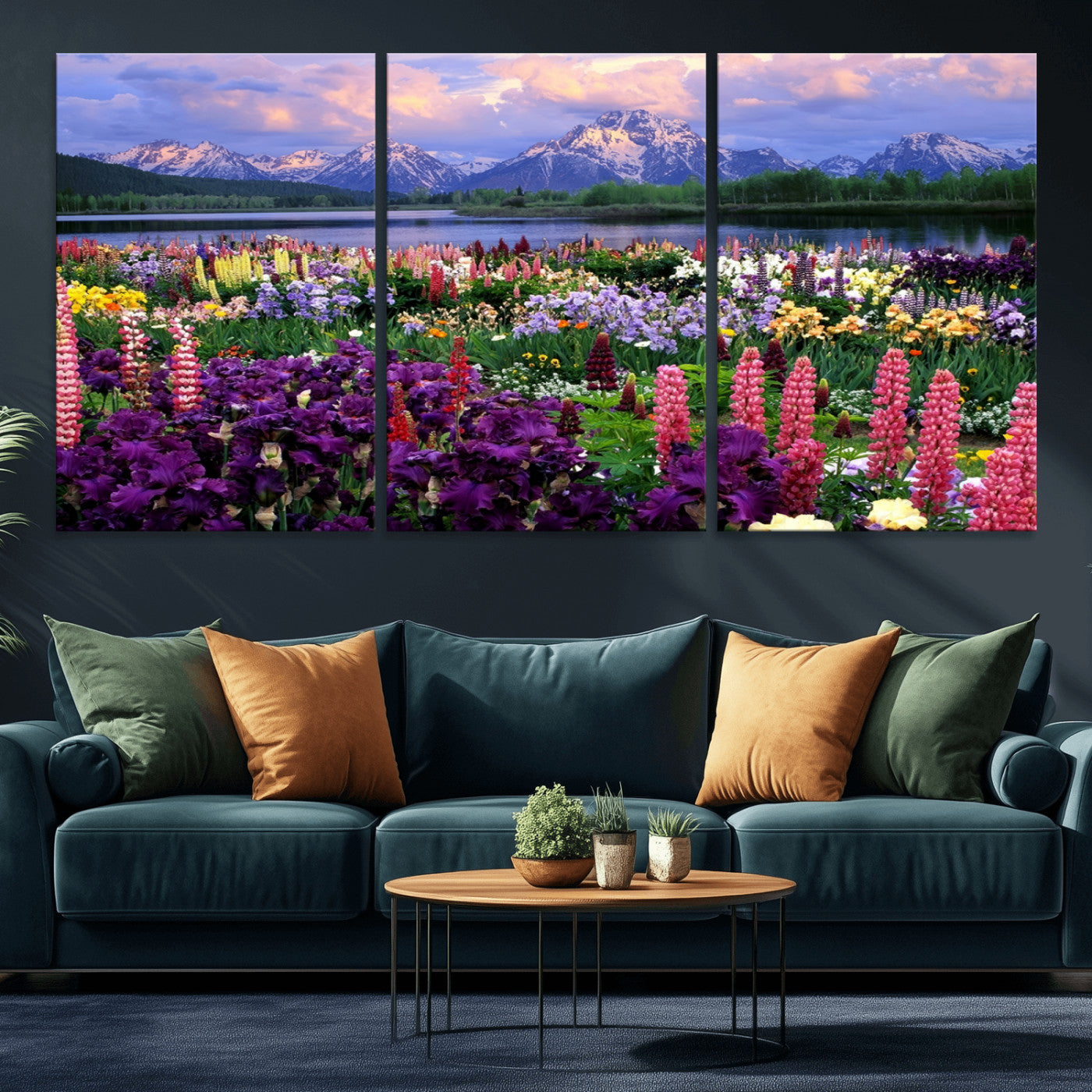 MGV-CV-60X30-3P - Vibrant Wildflower Garden and Mountain View Giclee Canvas Print | Floral Wall Art for Living Room