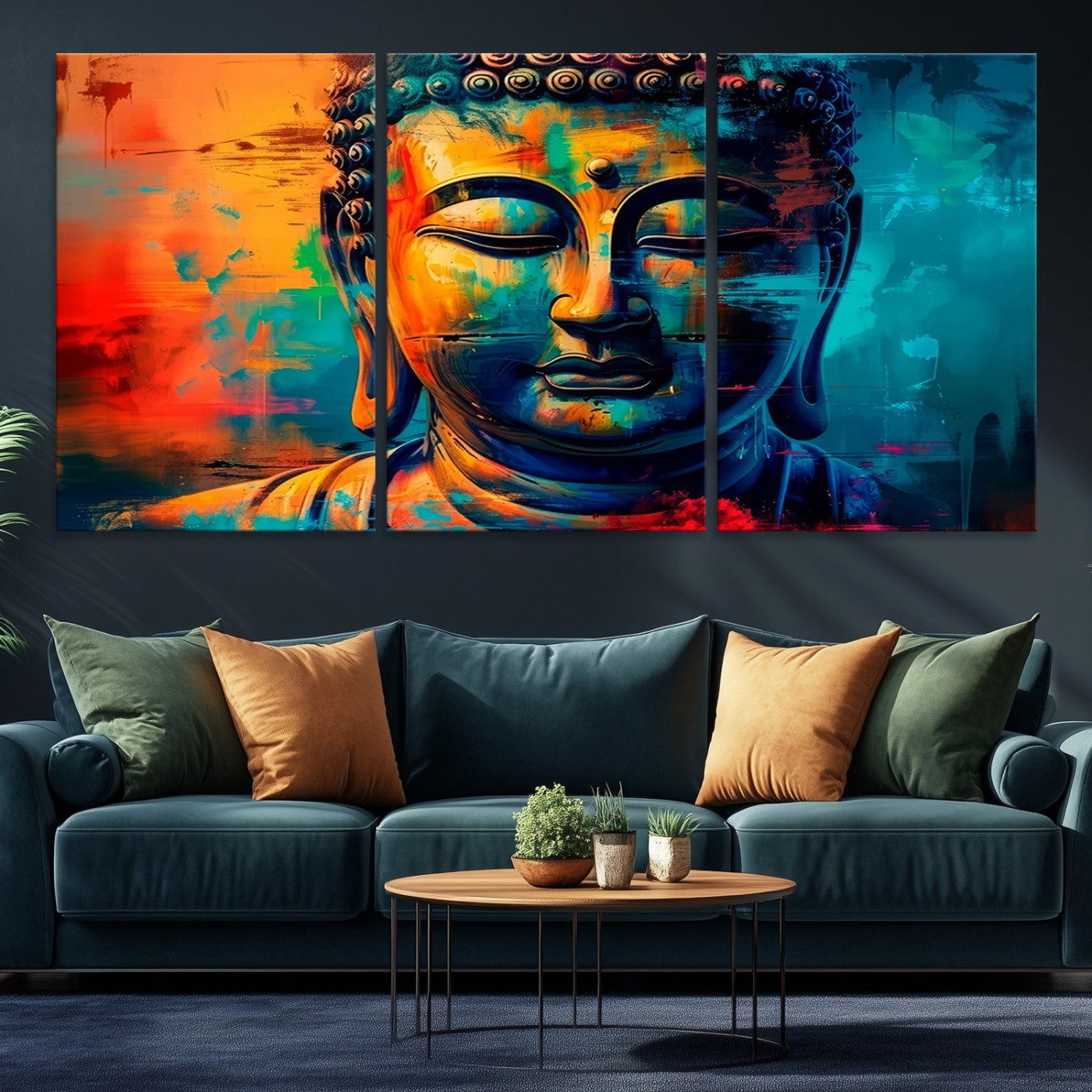 A vibrant, abstract artistic rendition of a Buddha statue face, blending bold and contrasting colors to evoke a sense of peace, spirituality, and enlightenment.