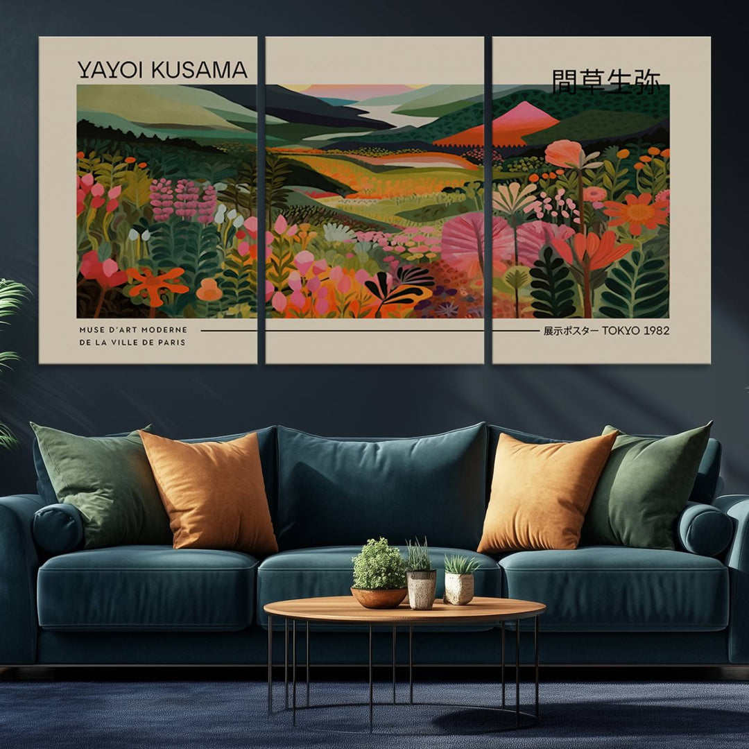 A Yayoi Kusama Landscape Canvas Print brightens the wall with vibrant floral and mountain art.