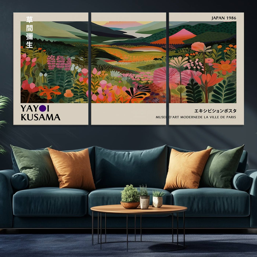 Yayoi Kusamas Landscape Canvas Print with vibrant floral mountain art adorns the wall.