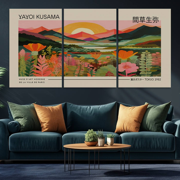 A Yayoi Kusama landscape print and an antique world map enhance the dining area.