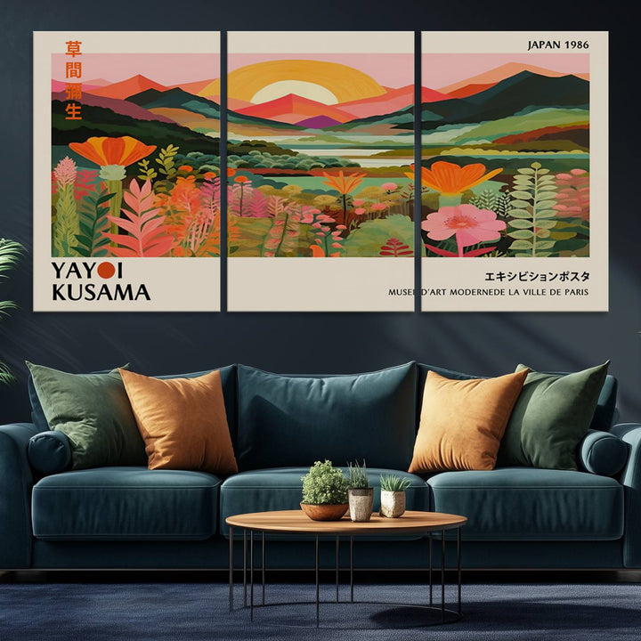 The Yayoi Kusama Landscape Canvas Print, featuring vibrant floral mountains and sunset scenery, enhances the room.