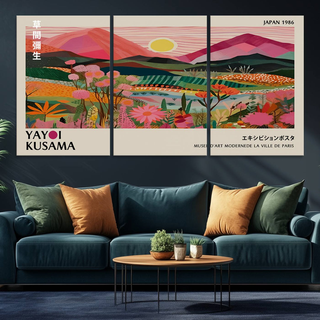 Yayoi Kusama Landscape Canvas Print, featuring a vibrant floral mountain design.