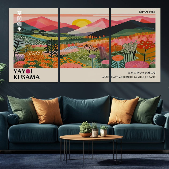 The wall art includes a vintage world map and Yayoi Kusamas colorful landscape.