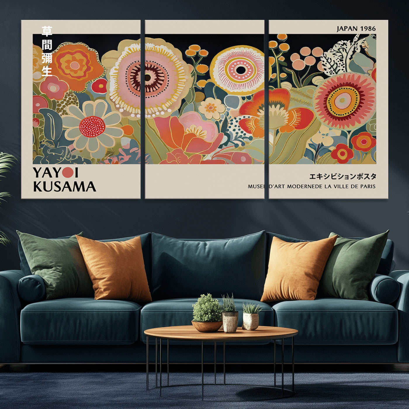 MGV-CV-60X30-3P - Yayoi Kusama Landscape Canvas Print, Vibrant Floral Mountain Art Print, Botanical Flower Nature Decor, Sunset Scenery Artwork