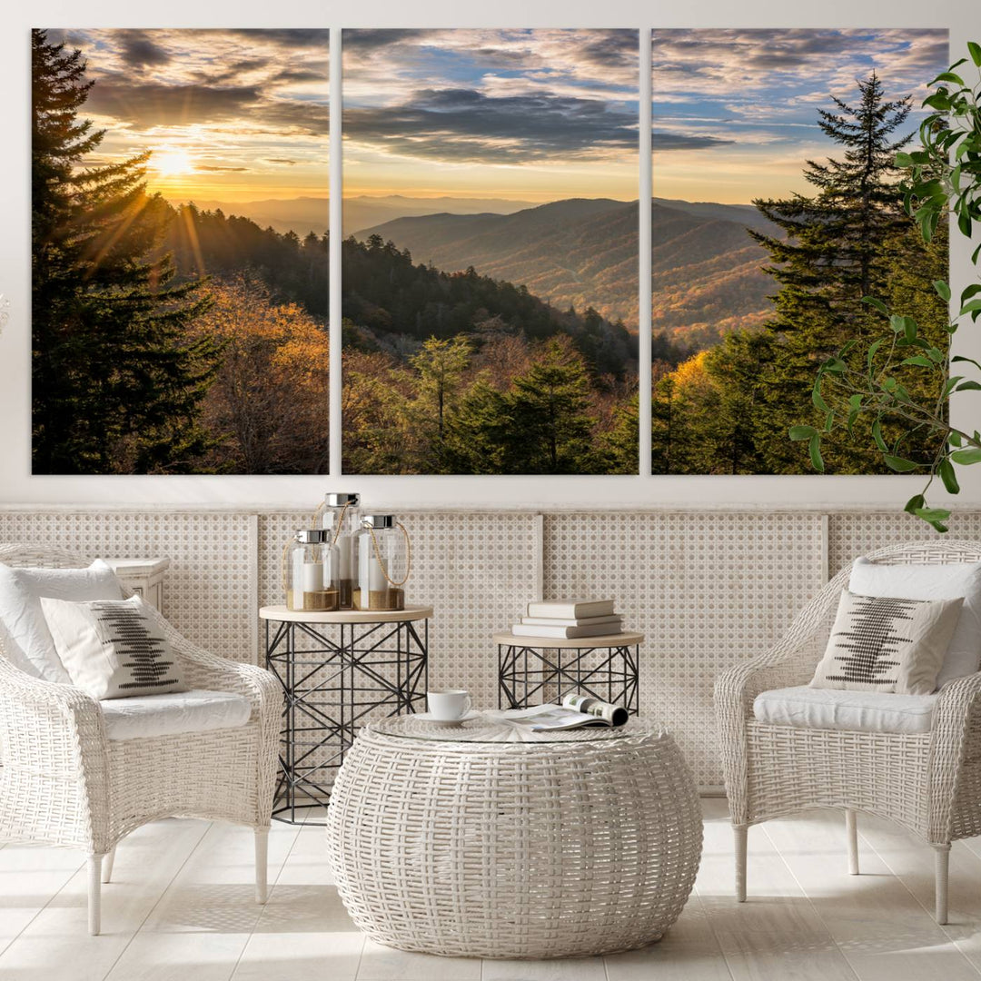 The dining area is beautifully decorated with the Sunrise Over the Smoky Mountains Canvas Wall Art – a breathtaking scenic landscape photography in a stunning triptych that's ready to hang.