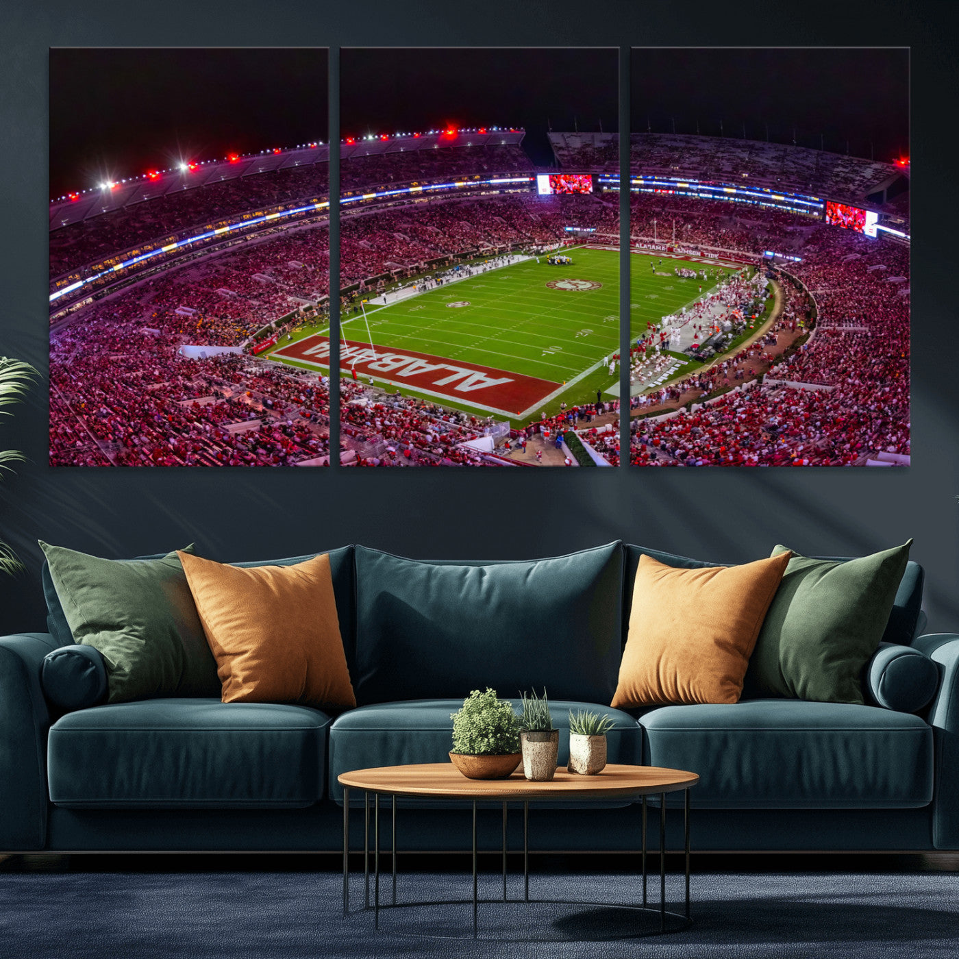 MGV-CV-60X30-3P - Bryant-Denny Stadium Night Game Triple Canvas Wall Art - Alabama Crimson Tide Football Match