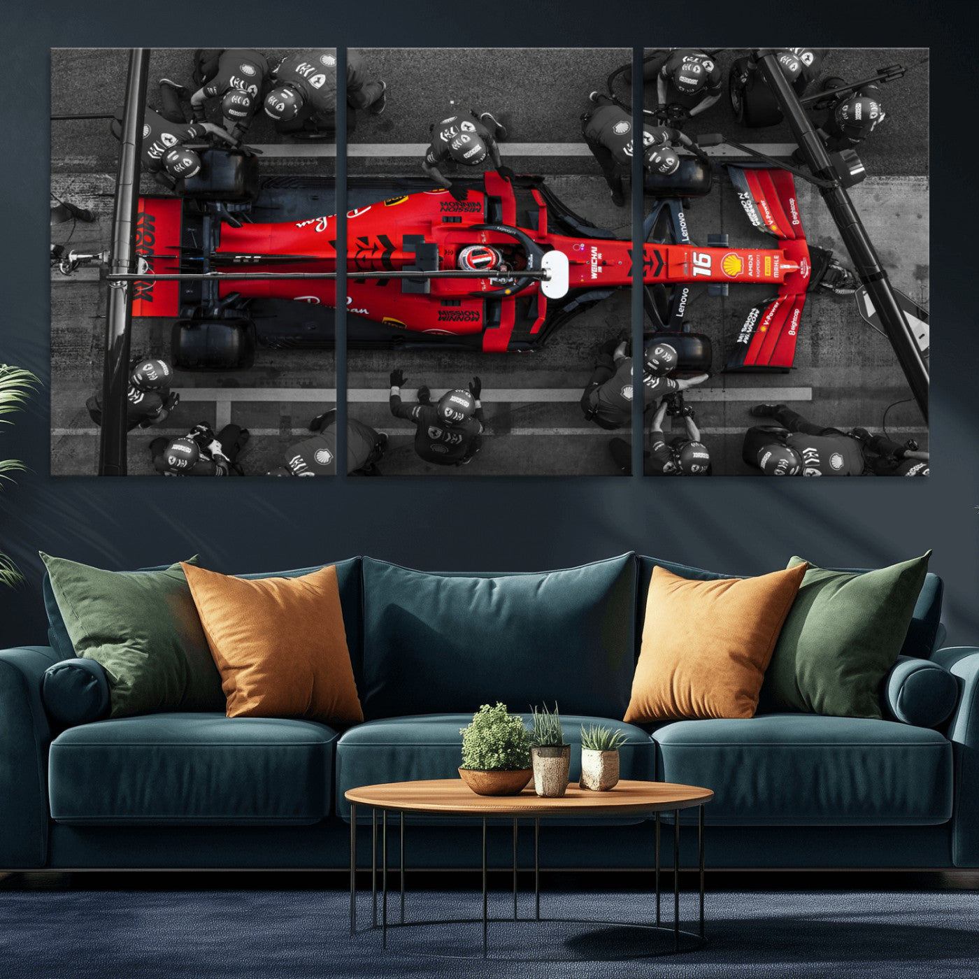 MGV-CV-60X30-3P - Ferrari Pit Stop Canvas Wall Art – Precision and Speed Captured in Bold Motorsport Imagery – Ready