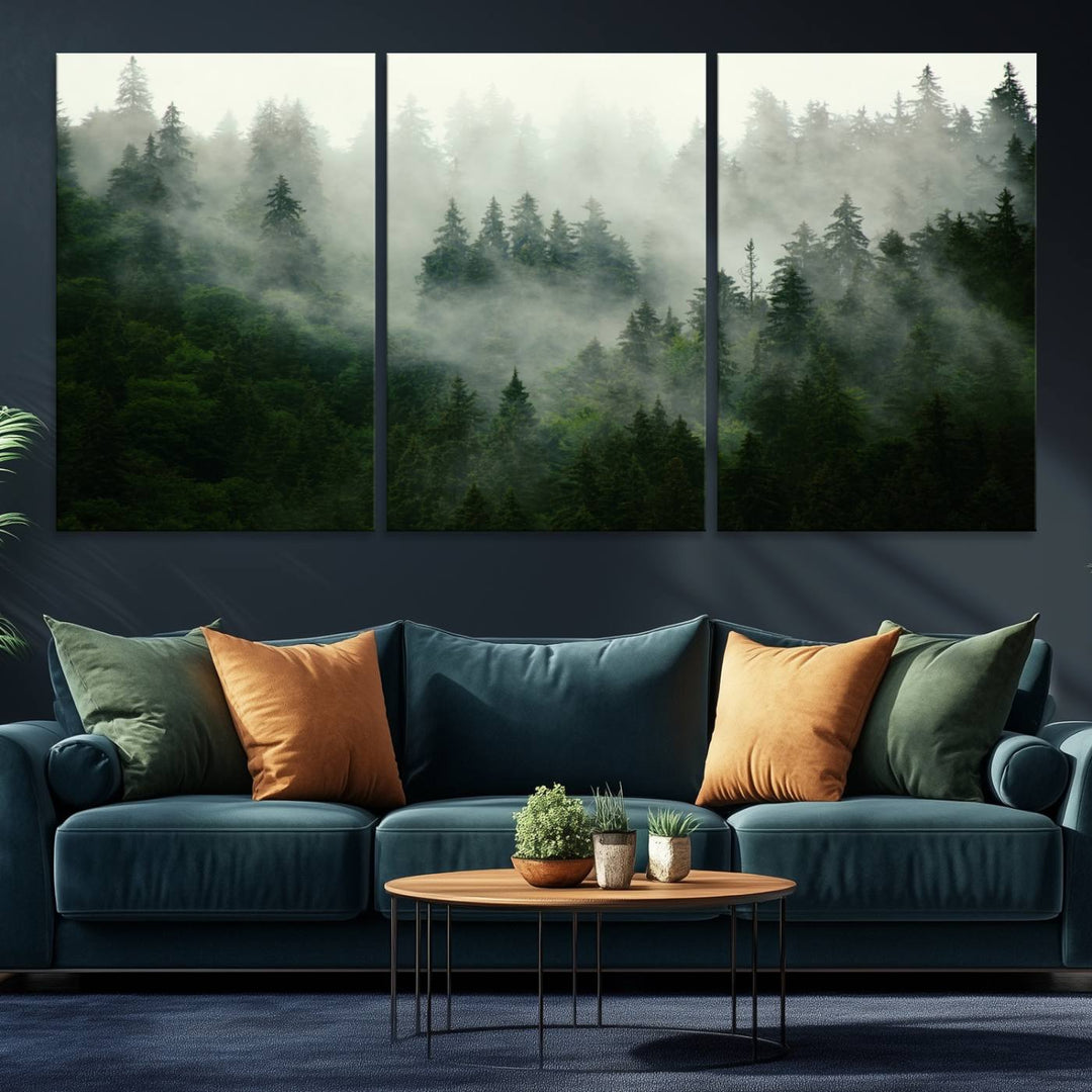 The Misty Forest Wall Art Canvas Print captures a serene, foggy evergreen landscape, evoking a mysterious woodland ambiance.