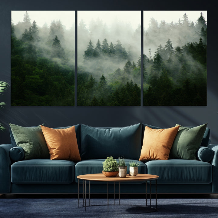 Misty Forest Wall Art Canvas Print - Foggy Forest Landscape Canvas Wall Art – Serene Triptych Nature Print – Woodland Landscape Decor