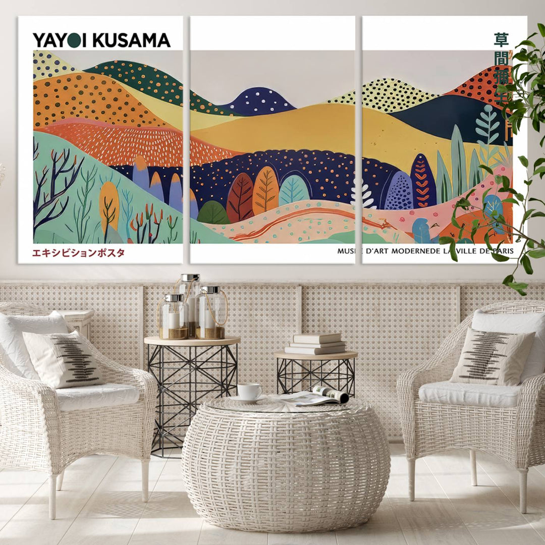 A triptych featuring the Framed Yayoi Kusama 1986 Wall Art Print hangs above. This Japanese Wabi Sabi inspired piece, rich in vibrant abstract landscapes, adds an elegant touch to any nature-inspired décor.