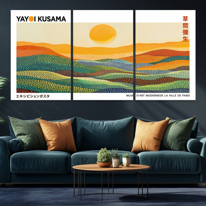 Framed Yayoi Kusama 1986 Wall Art: A vibrant abstract landscape featuring Wabi Sabi hills and a sun, created by the Japanese artist.