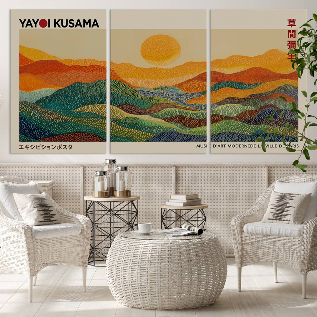 The vibrant abstract landscape depicted in the three-panel "Framed Yayoi Kusama 1986 Wall Art Print" seamlessly integrates nature-inspired décor.