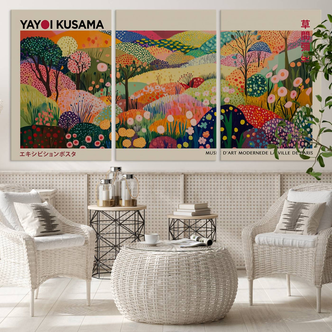 The Framed Yayoi Kusama 1986 Wall Art Print, a vibrant abstract landscape canvas inspired by Japanese design, adds a striking element to the bright room.