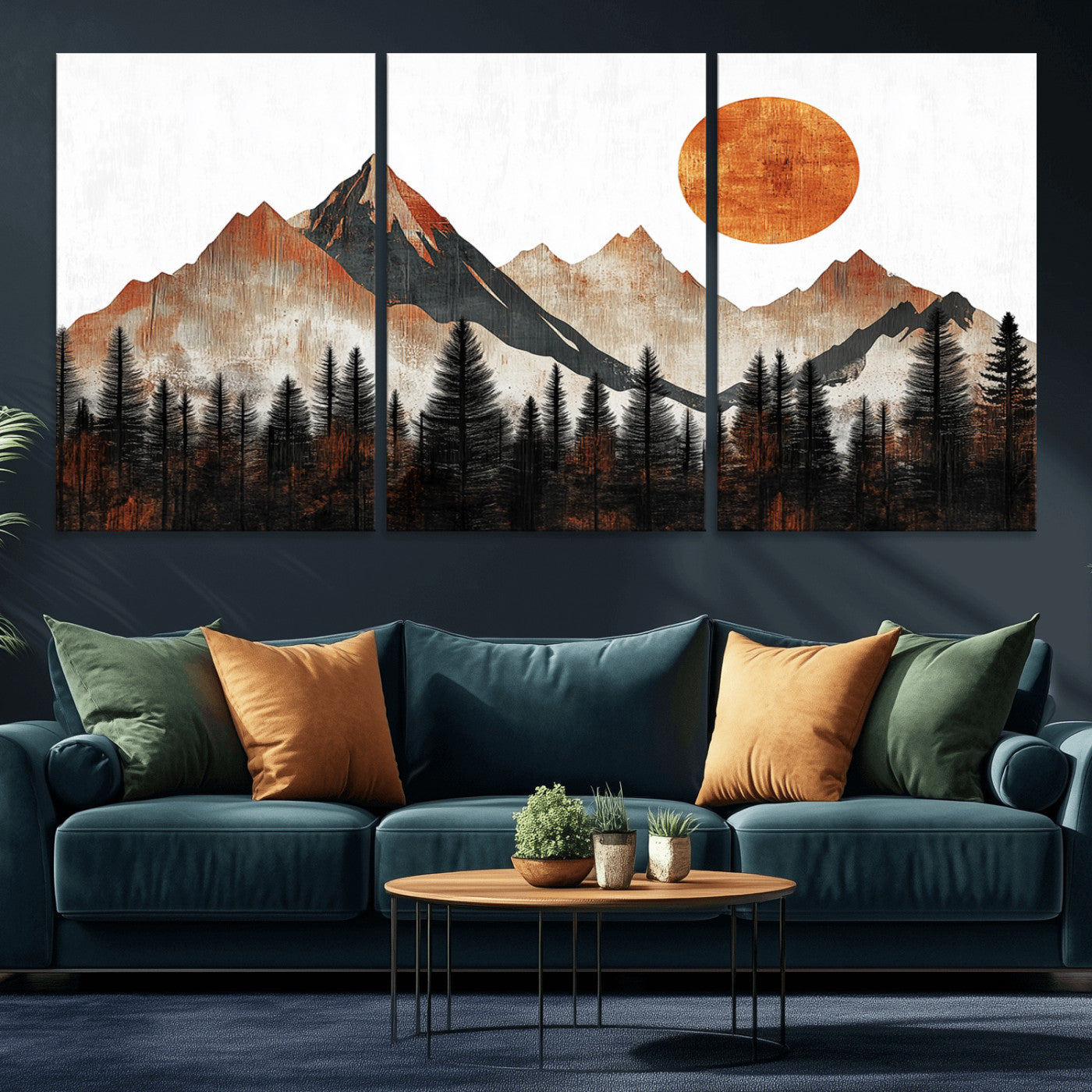 MGV-CV-60X30-3P - Modern Abstract Mountain Canvas Wall Art Print, Abstract Landscape Print, Rustic Sun and Mountains