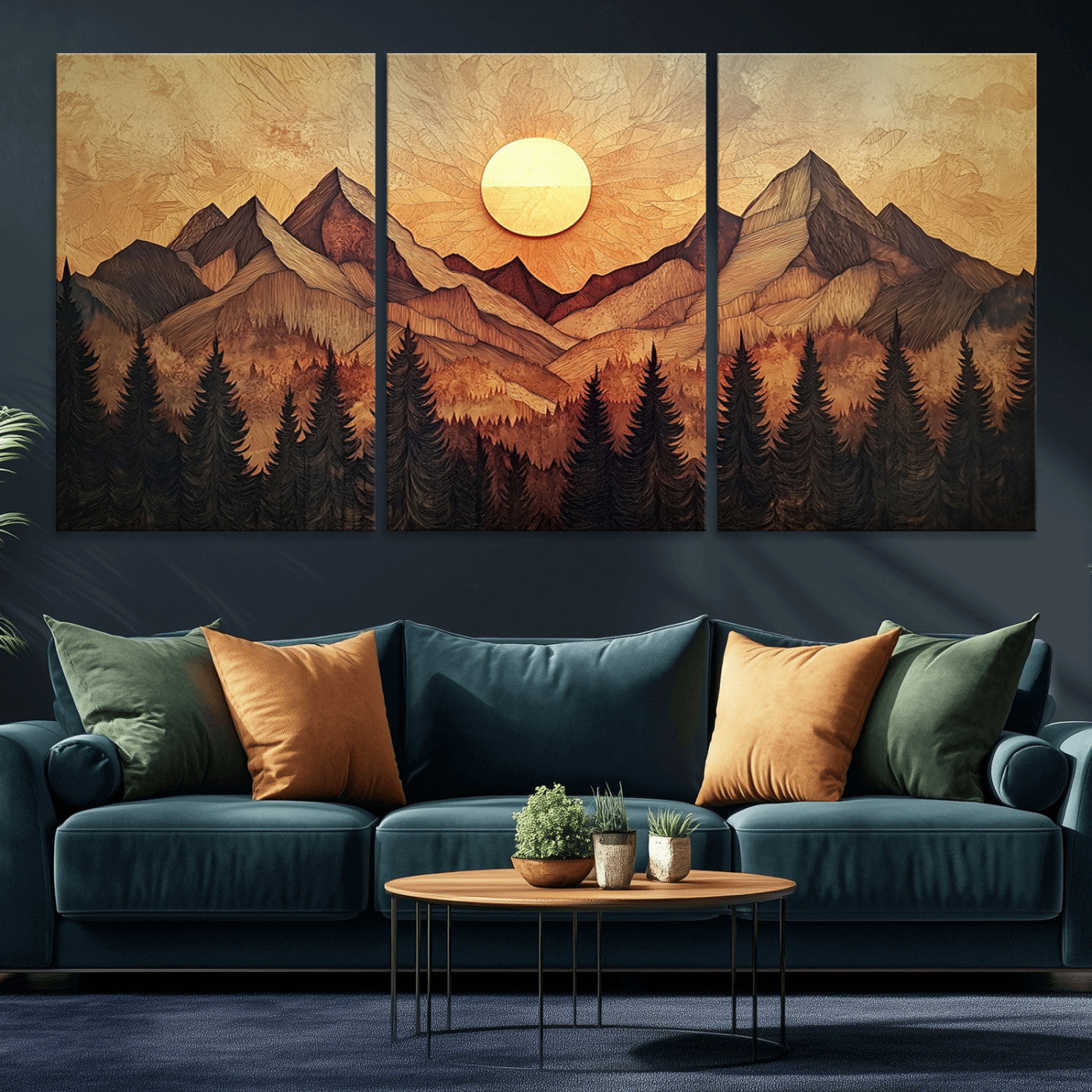 MGV-CV-60X30-3P - Wood Style Abstract Mountain Sunset Canvas Wall Art Print - Warm Earth Nature-Inspired Decor for