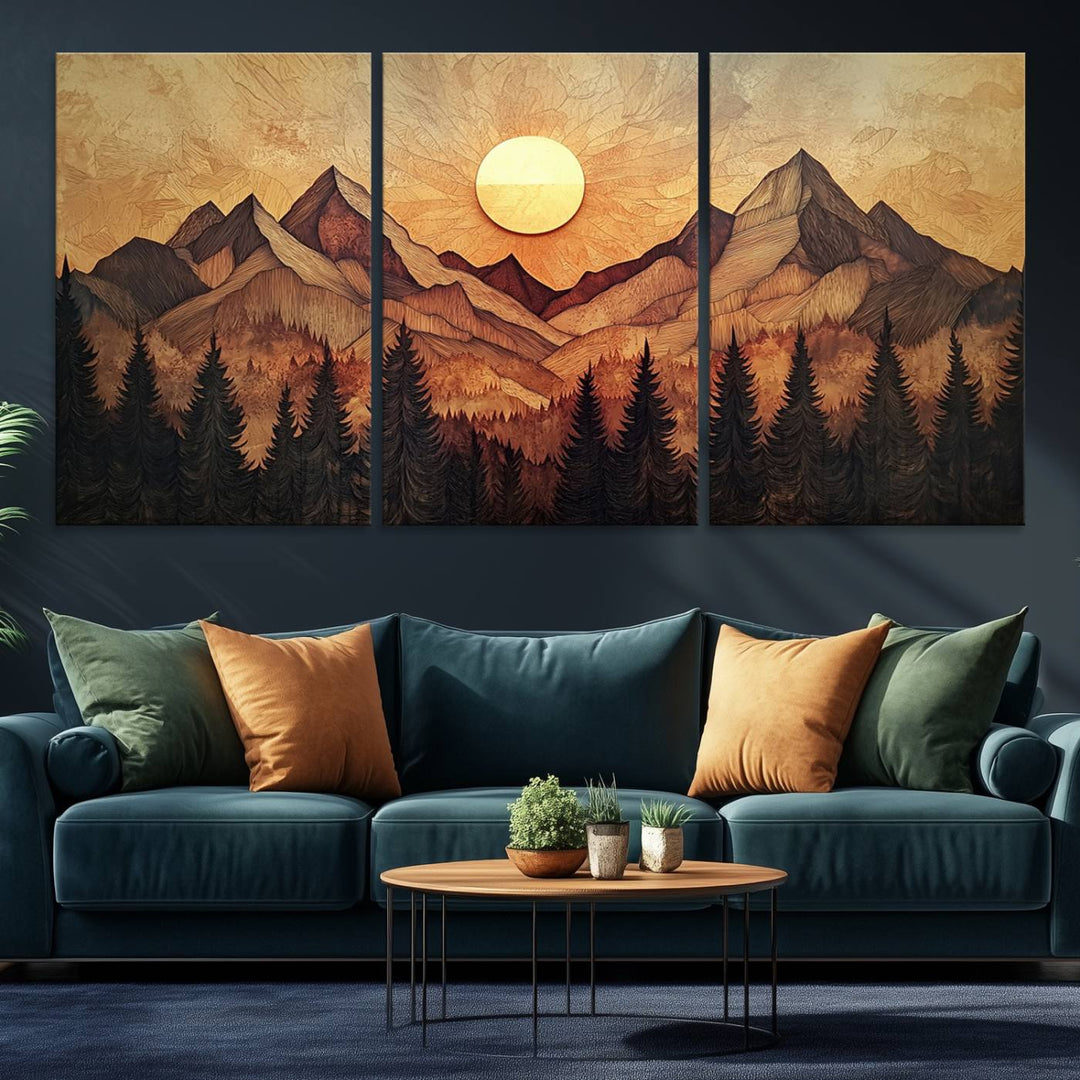 The dining area features a Wood Style Abstract Mountain Sunset canvas wall art print.