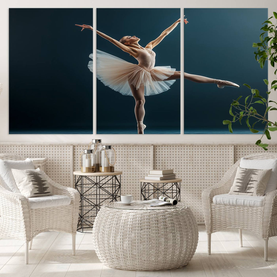 This stunning Ballerina Canvas Wall Art Print captures the elegance of a ballet dancer in motion, beautifully highlighted against a stage-like backdrop with delicate decor and natural elements. As graceful dance-inspired wall decor, it adds an element of grace and movement to any living room, office, or bedroom and is ready to hang.