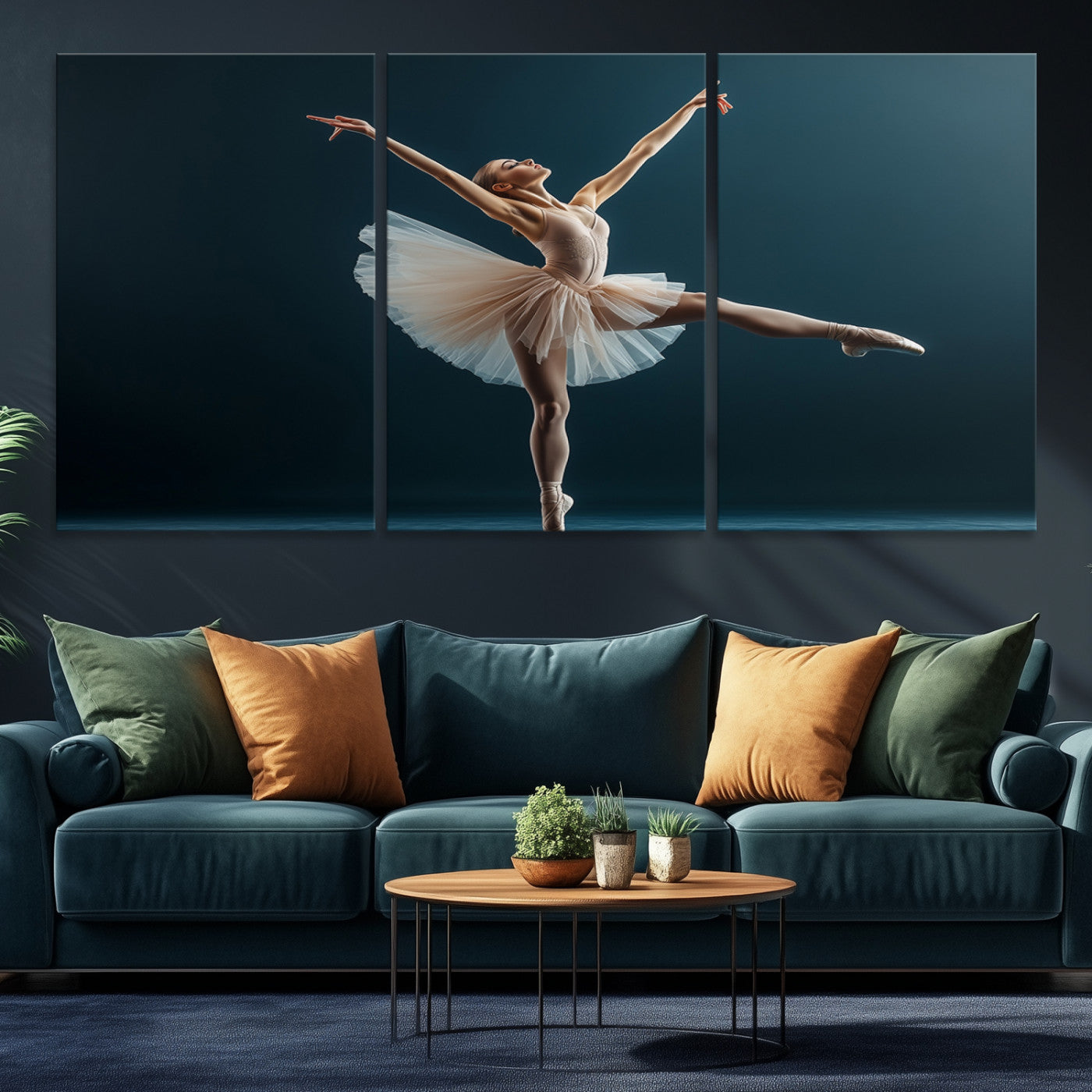 An elegant ballerina captured mid-pose on pointe, radiating grace and strength in a perfectly lit studio setting, her tutu fanned out in delicate symmetry.
