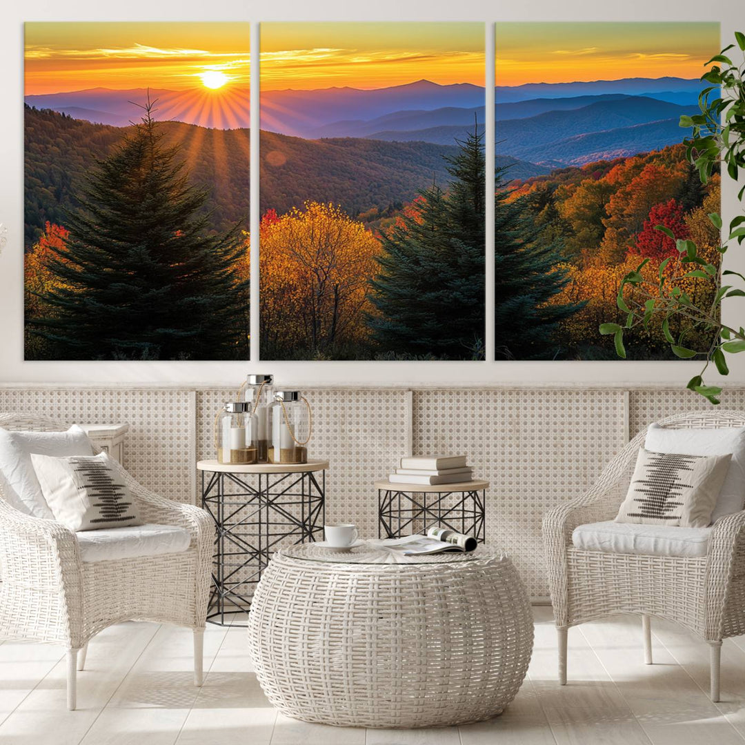 Golden Sunset Over Mountain Forest Canvas Wall Art Print - Warm Nature-Inspired Landscape for Living Room, Dining Room, or Office, Ready to Hang