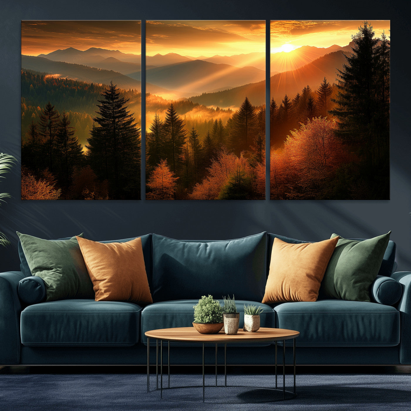 MGV-CV-60X30-3P - Golden Sunset Over Mountain Forest Canvas Wall Art Print - Warm Nature Landscape Print