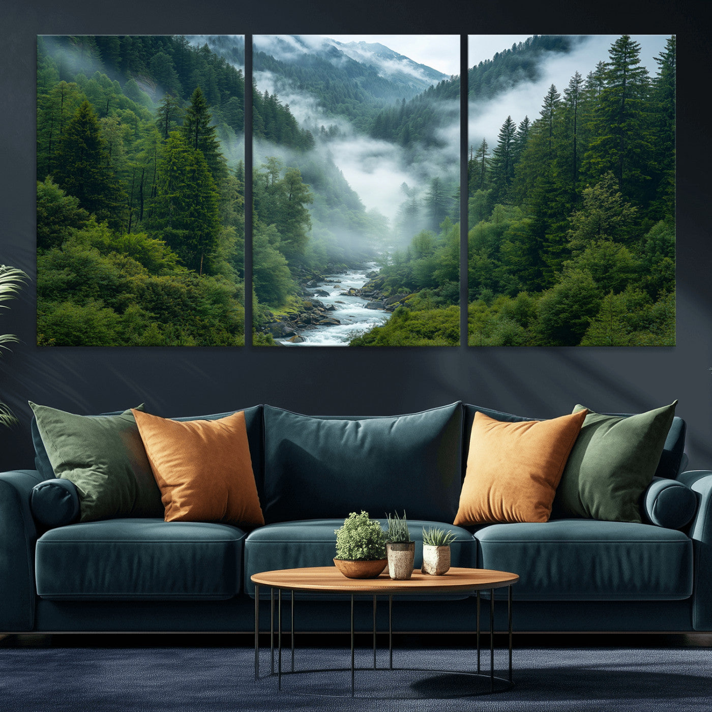 MGV-CV-60X30-3P - Mountain Forest River Canvas Wall Art Print - Serene Nature Landscape for Living Room, Office, or