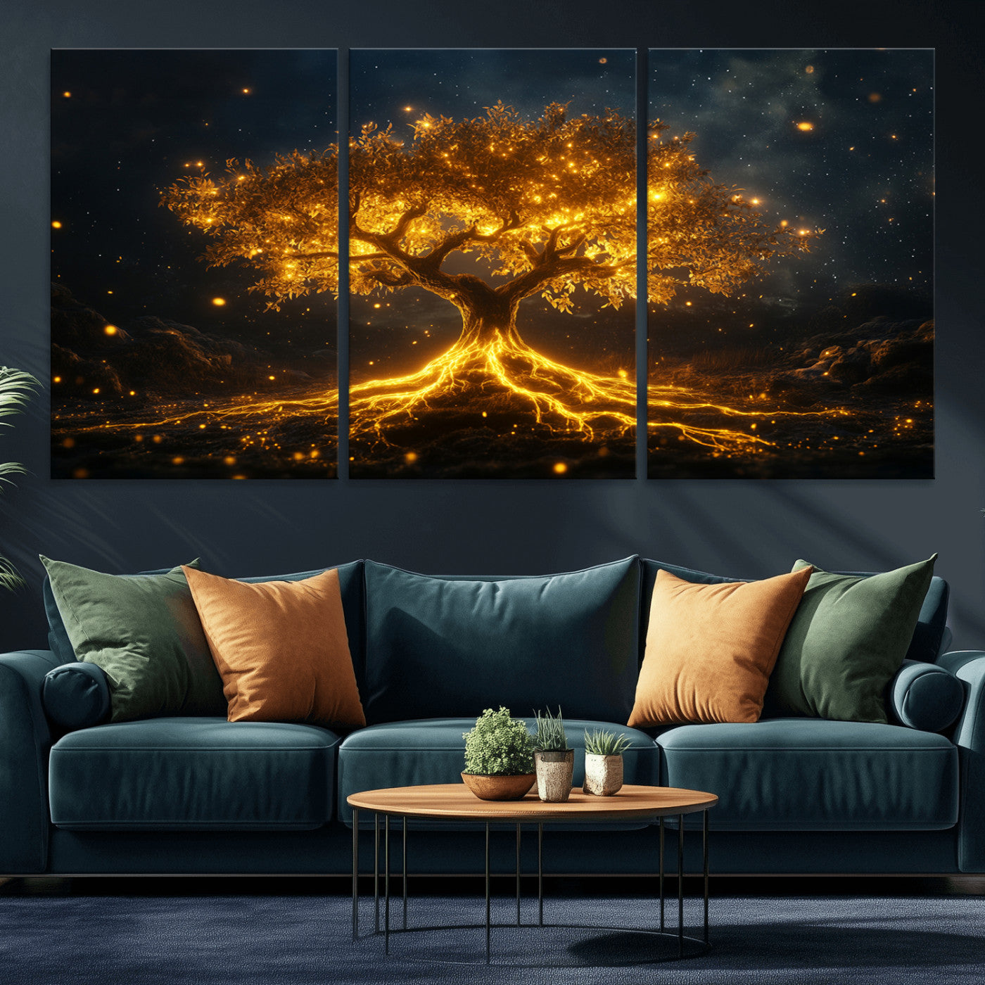 MGV-CV-60X30-3P - Golden Tree of Life Canvas Wall Art Print - Majestic Glowing Tree Design for Living Room, Office, or