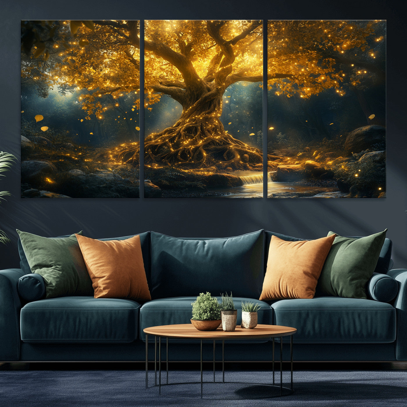 MGV-CV-60X30-3P - Golden Tree of Life Canvas Wall Art Print - Majestic Glowing Tree Wall Art Print