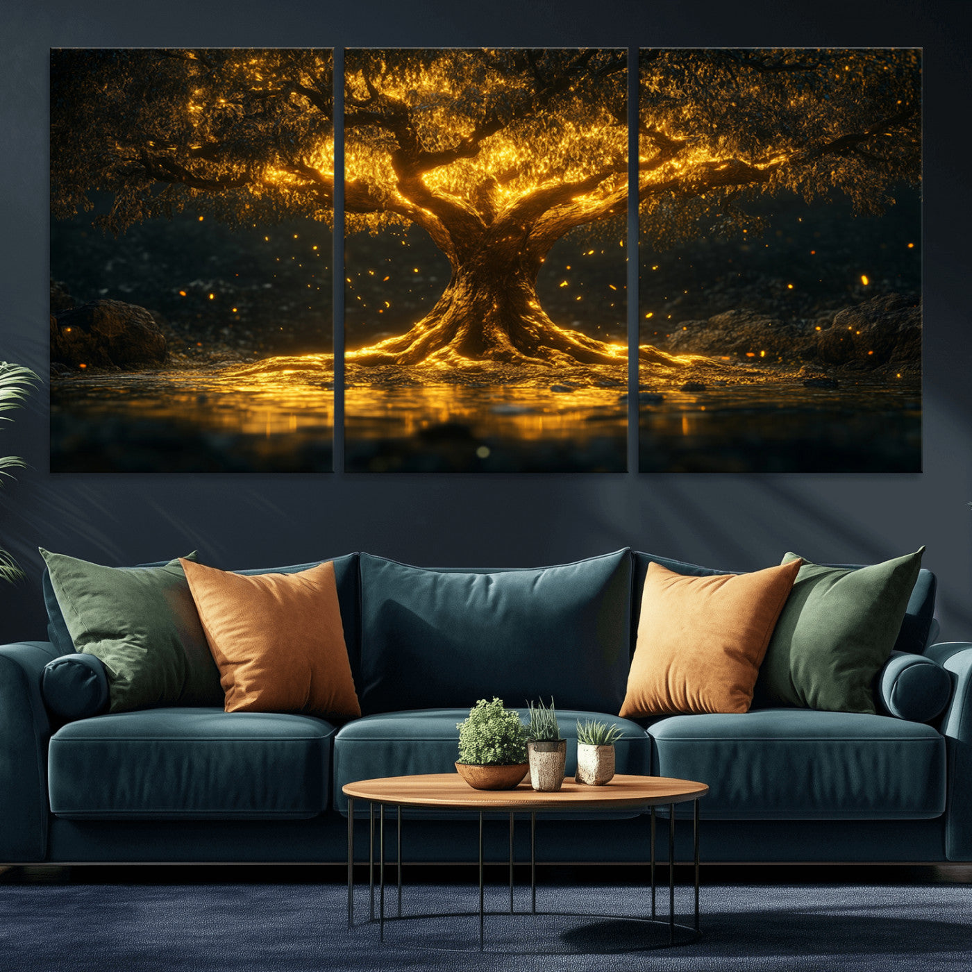 MGV-CV-60X30-3P - Golden Tree of Life Canvas Wall Art Print - Majestic Glowing Tree Wall Art Print