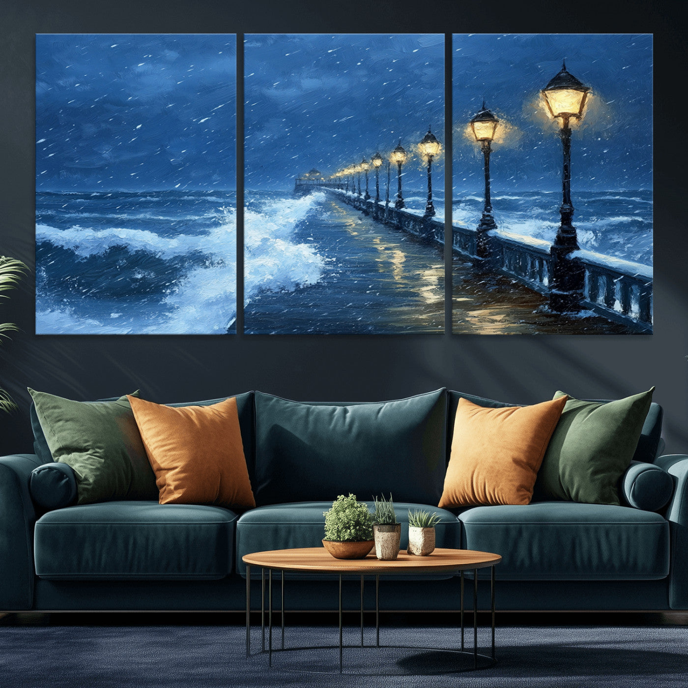 MGV-CV-60X30-3P - Stormy Ocean Pier Lights Canvas Wall Art Print - Large Moody Night Scene for Living Room, or Office,
