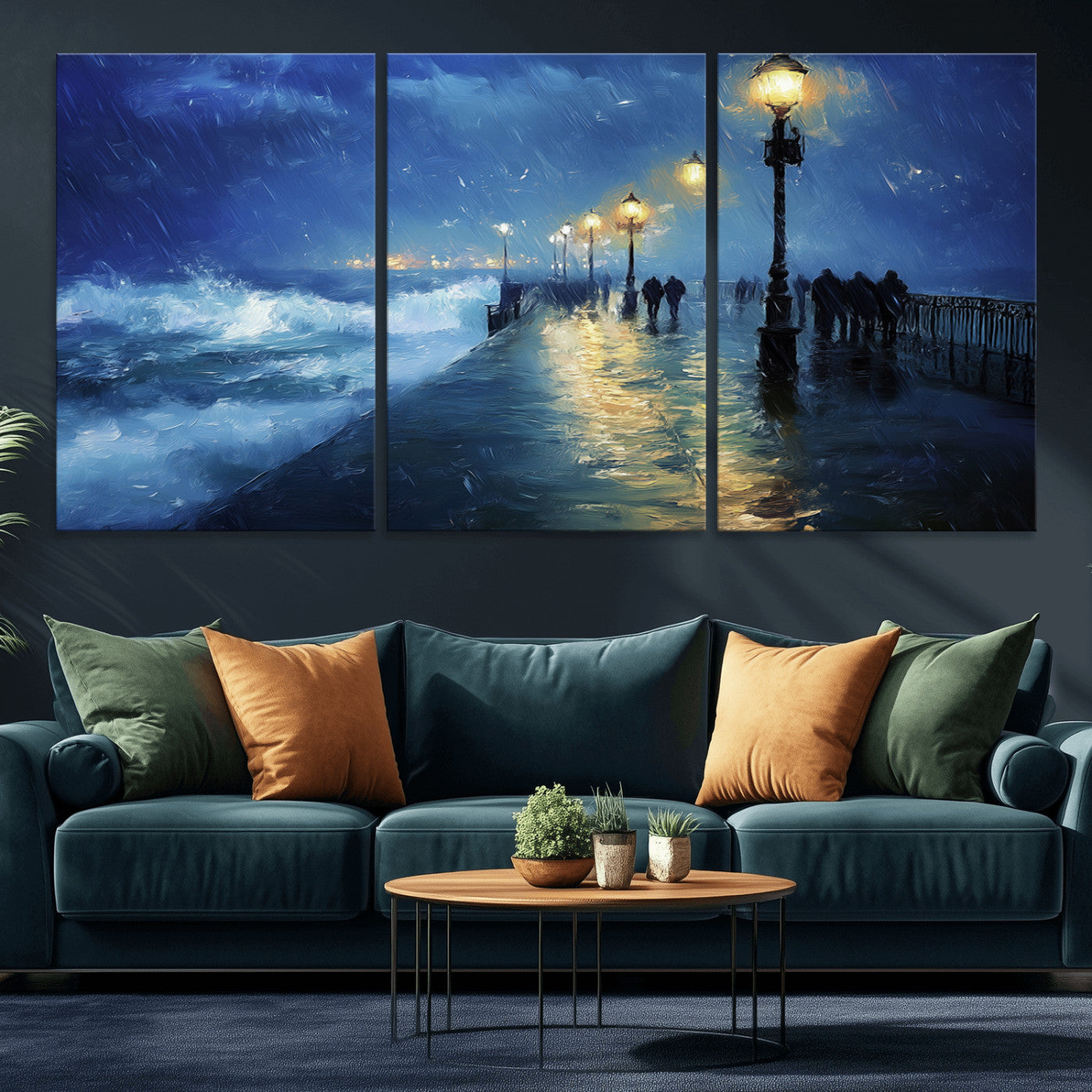 MGV-CV-60X30-3P - Abstract Stormy Ocean Pier Canvas Wall Art Print | Stormy Ocean Art | Large Moody Night Scene Print,