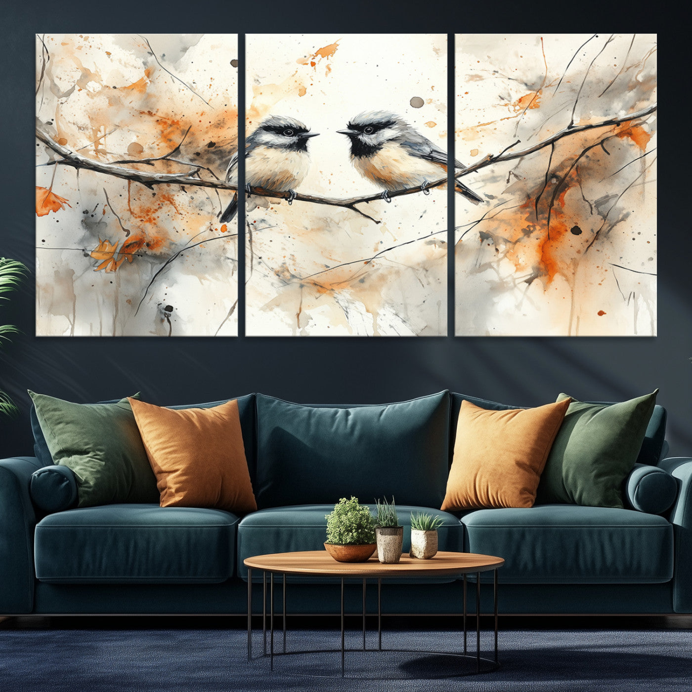 A soft and elegant watercolor painting of two chickadees perched on a delicate branch, surrounded by splashes of orange and neutral tones evoking a calm autumn day.
