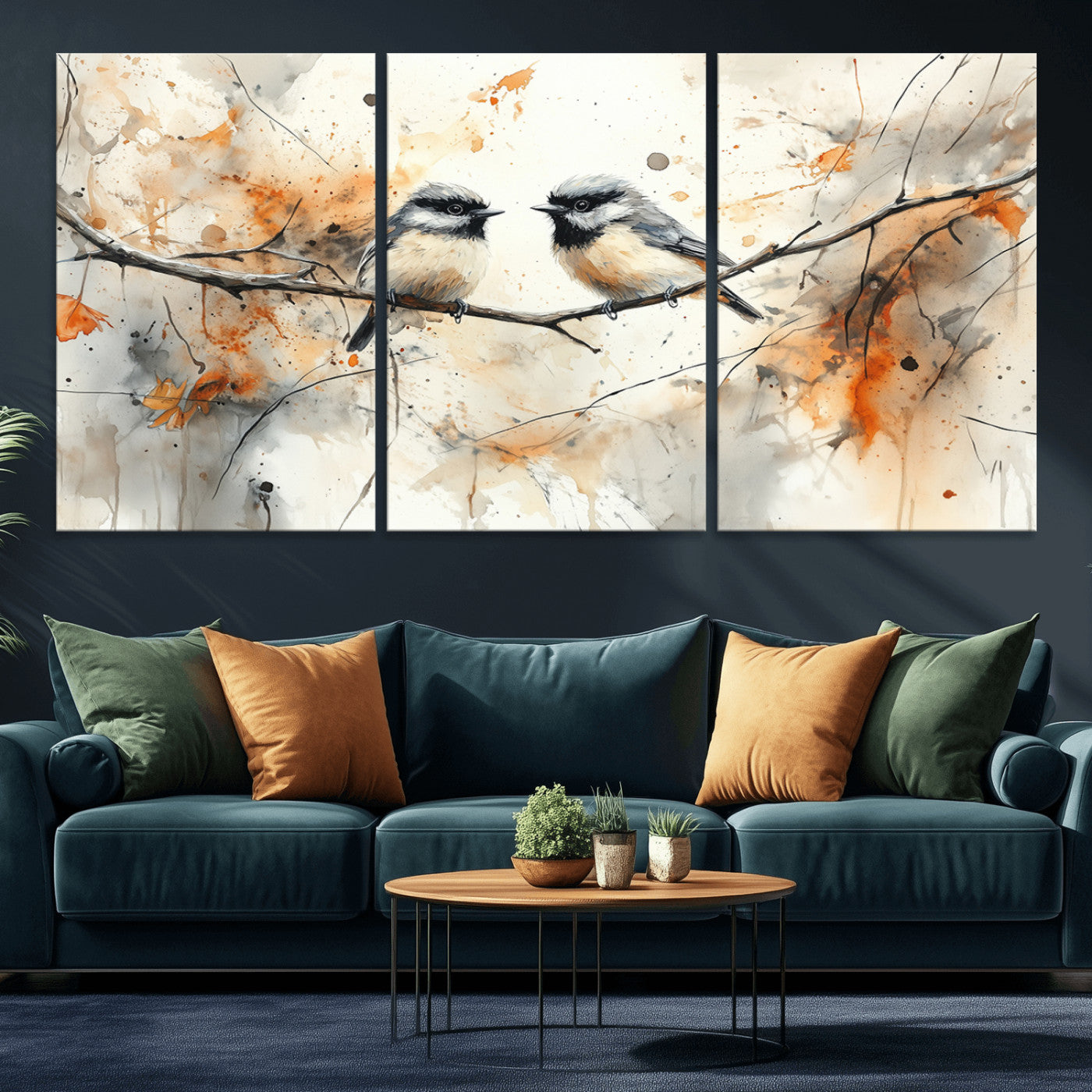 MGV-CV-60X30-3P - Abstract Watercolor Chickadee Bird Canvas Wall Art Print - Large Bird and Branch Wall Art, Modern