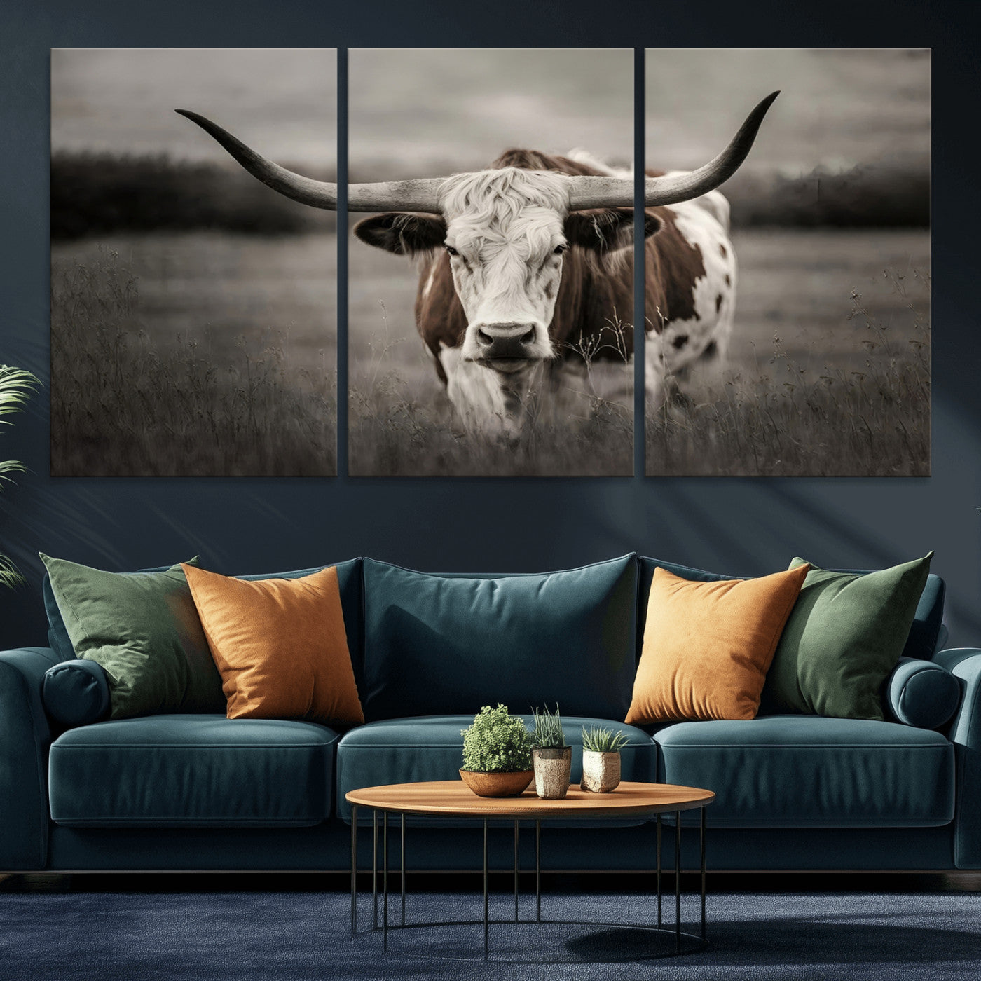MGV-CV-60X30-3P - Texas Longhorn Cow Canvas Wall Art Print - Large Rustic Longhorn Art for Living Room, Western Wall