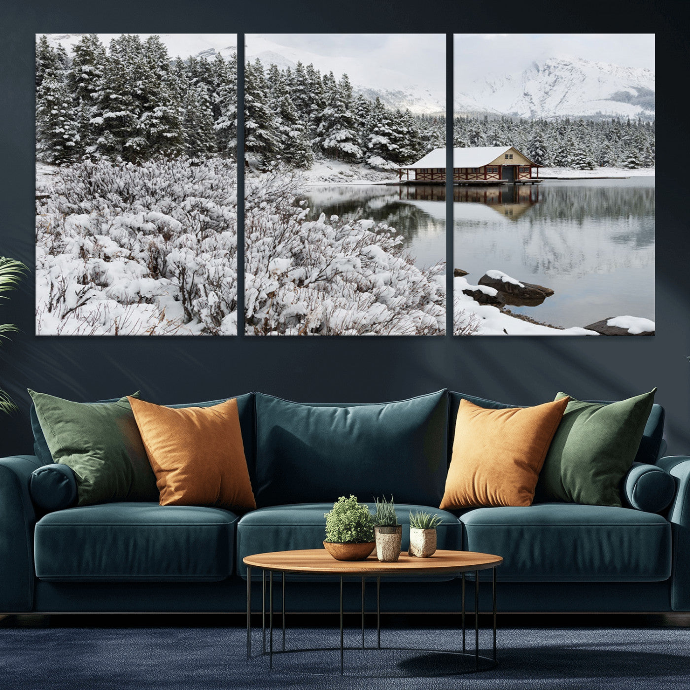 MGV-CV-60X30-3P - Winter Wall Art - Cabin by the Lake Canvas Wall Art - Serene Snowy Landscape with Mountain View,