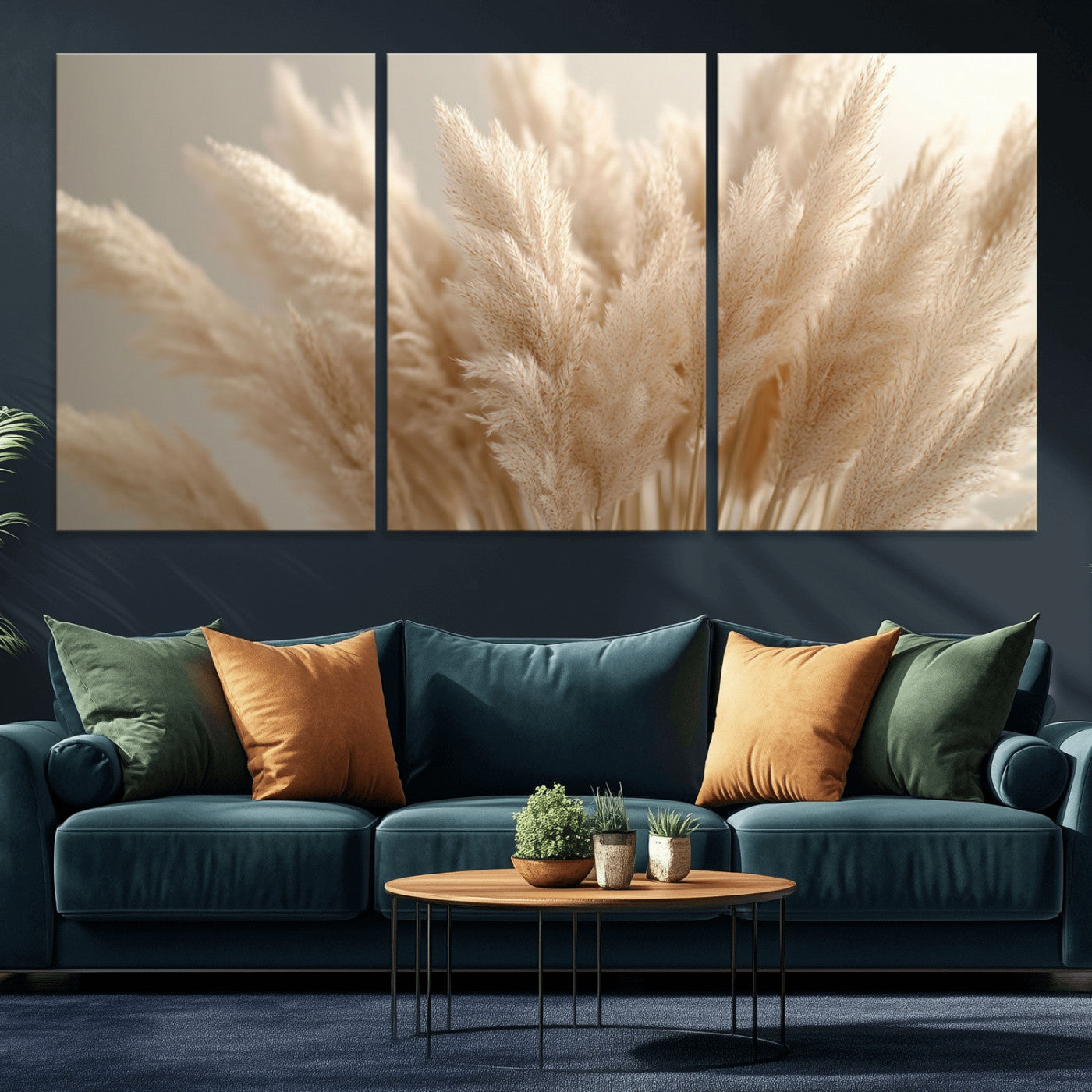 MGV-CV-60X30-3P - Pampas Grass Canvas Wall Art - Elegant Neutral Decor for Living Room, Boho Minimalist Artwork, Ready