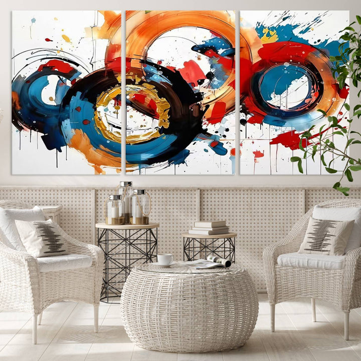 The Abstract Wall Art Rings Canvas Print, with its bold and colorful circular strokes, adorns the wall, epitomizing contemporary design.